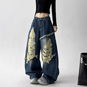 女毛边破洞宽松弯刀阔腿裤 潮牌2026春秋季 街头水洗牛仔裤 美式 新款