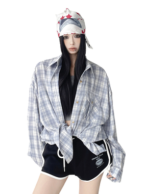 木昱子复古风格子衬衫女宽松长袖浅蓝色廓形衬衣上衣外套