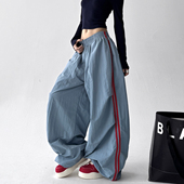 新款 蓝色工装 裤 2025秋冬季 女高级感宽松双层加厚休闲运动阔腿裤