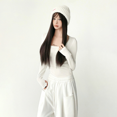 2025秋冬季新款设计感修身打底白色T恤女U领长袖秋冬显瘦内搭上衣