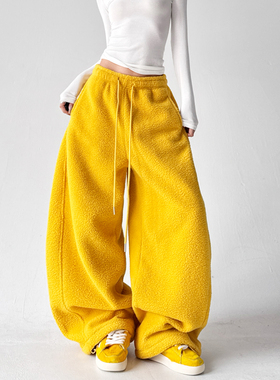 韩式休闲风阔腿裤女2025冬季新款黄色摇粒绒宽松百搭束脚运动裤子