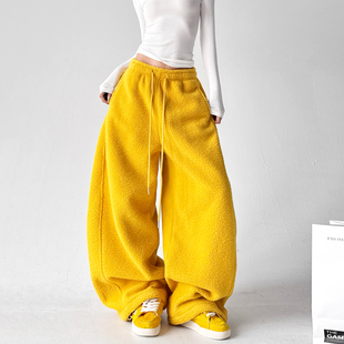 黄色摇粒绒宽松百搭束脚运动裤 韩式 新款 女2025冬季 子 休闲风阔腿裤