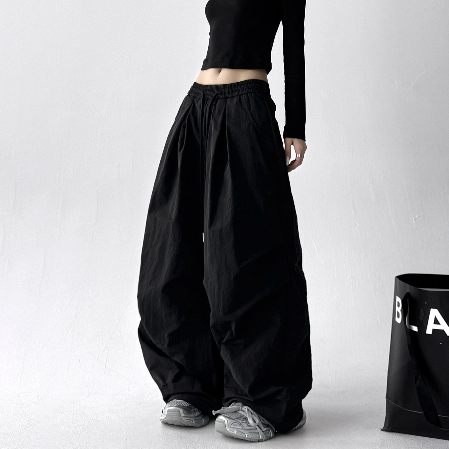 美式黑色阔腿伞兵速干工装裤