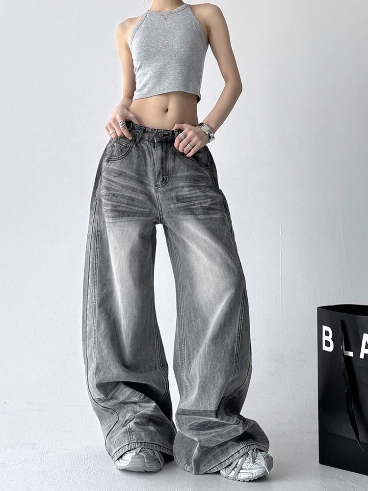 2025 Women's Retro Gray Floor-Length Straight Jeans - Product image 3