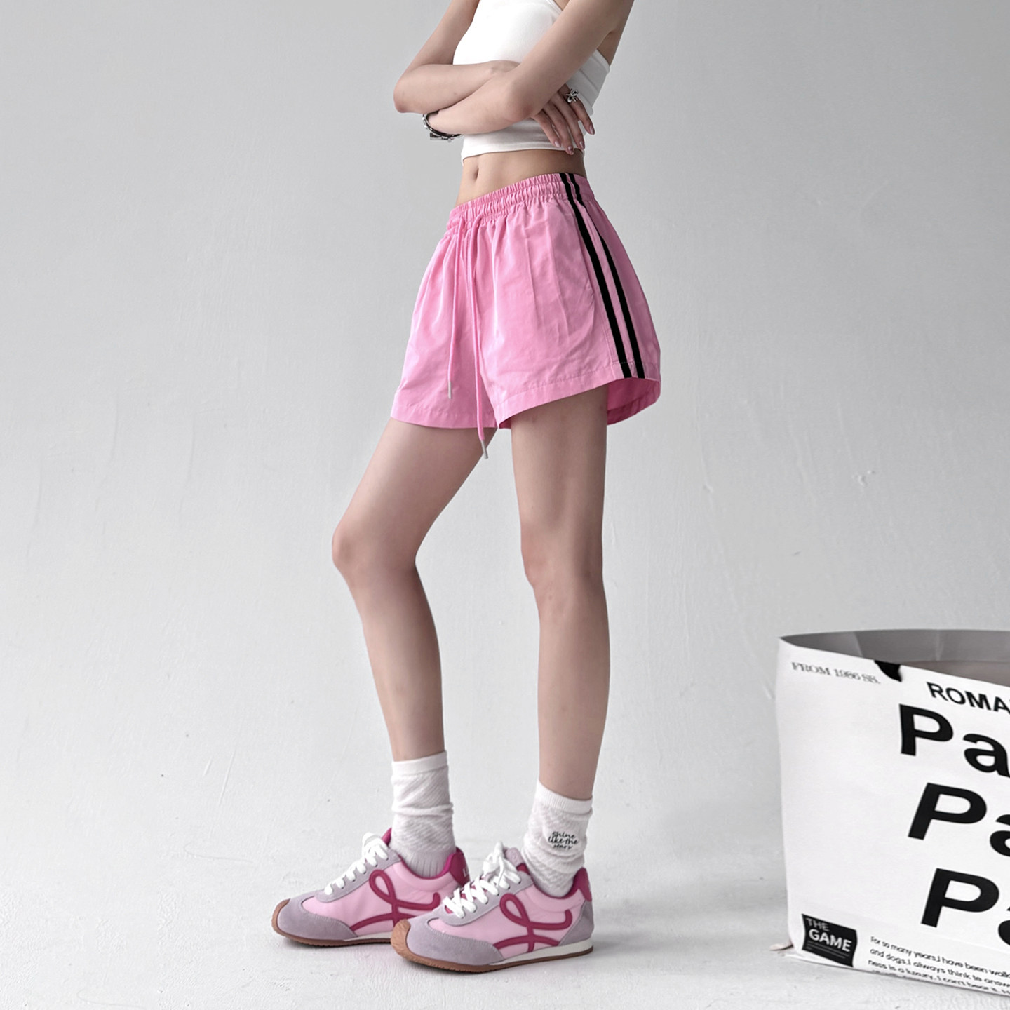 2025夏季新款美式复古撞色条纹运动短裤女高腰显瘦百搭别致休闲裤,女装/女士精品,休闲裤,淘宝优惠券,粉丝福利购,淘宝优惠卷