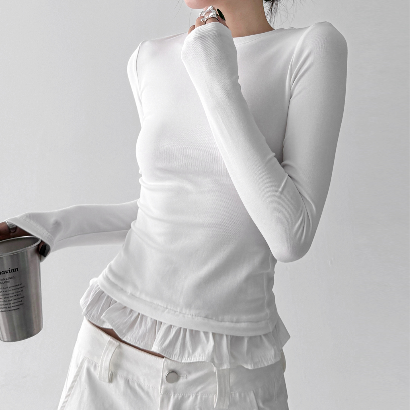 2025年秋季新款韩版甜美纯色显瘦圆领套头木耳边打底衫长袖T恤