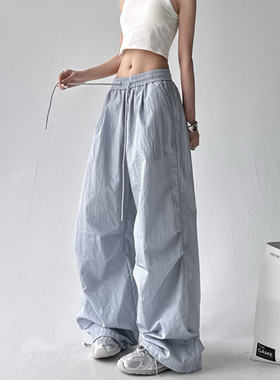 夏季薄款灰蓝色工装裤女休闲阔腿美式运动裤透气轻薄欧美休闲阔腿