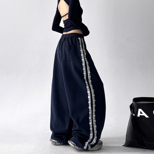 抽绳松紧腰宽松百搭休闲裤 加绒运动风侧边蕾丝束脚裤 女2025秋冬季