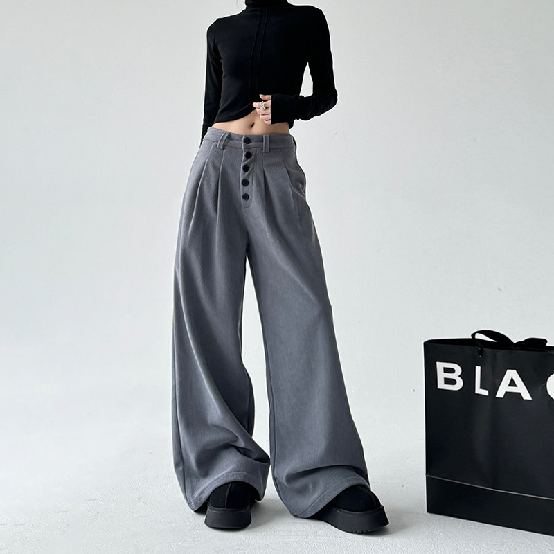 美式复古灰色排扣休闲女2025年冬季新款宽松直筒垂感拖地阔腿裤子,女装/女士精品,休闲裤,淘宝优惠券,粉丝福利购,淘宝优惠卷
