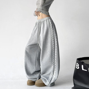 女士裤 蕾丝休闲运动卫裤 子阔腿裤 冬款 2025冬季 加绒长裤 直筒裤