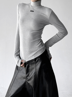 灰色半高领内搭打底衫t恤女2025秋冬新款高级感修身短款长袖上衣