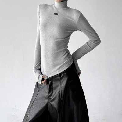 灰色半高领内搭打底衫t恤女2025秋冬新款高级感修身短款长袖上衣