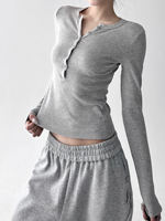 A new grey autumn/winter collection with a row of buttons, a slimming women's Henley collar and fleece long-sleeved T-shirt as the base layer thumbnail 6