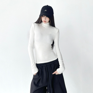 洋气t恤女 小高领长袖 2025冬季 紧身显胸内搭纯色打底上衣加绒款