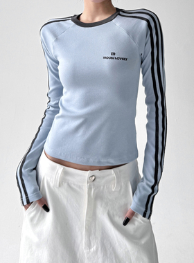 条纹正肩长袖t恤女2025秋装设计感辣妹修身显瘦蓝色体恤