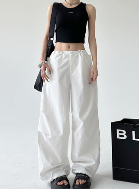 白色夏季新款美式复古宽松显瘦直筒束脚阔腿薄款降落伞纸袋工装裤