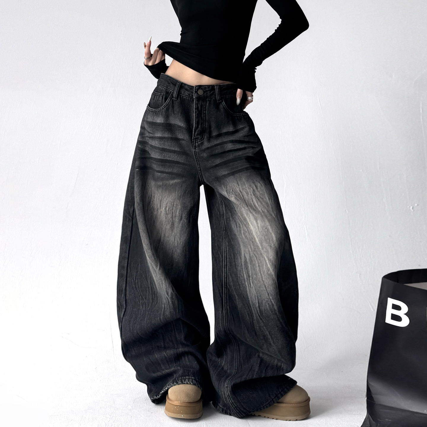 2025加绒美式猫须水洗牛仔裤女秋冬设计感阔腿垂感休闲拖地裤子