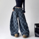 美式 子潮 辣妹设计感慵懒宽松格子裤 复古格纹牛仔裤 女秋冬新款