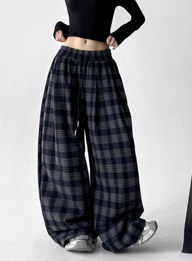 黑色格子阔腿裤女2025新款秋装高腰宽松加厚垂感高级感别致休闲裤