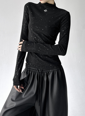 甜酷亮闪闪半高领打底衫女2025冬季新款修身显瘦小众长袖T恤上衣