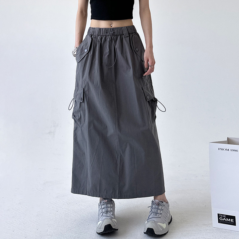 灰色美式工装裙女夏季新款松紧腰抽绳休闲百搭A字中长款子