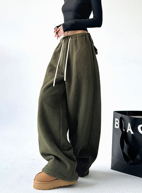军绿色阔腿裤女冬季2025加厚加绒宽松显瘦百搭保暖抽绳高个长裤子