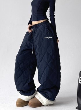 宽松菱格纹棉裤女加厚保暖休闲裤显瘦直筒裤藏蓝色