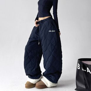 藏蓝色 显瘦直筒裤 宽松菱格纹棉裤 女加厚保暖休闲裤