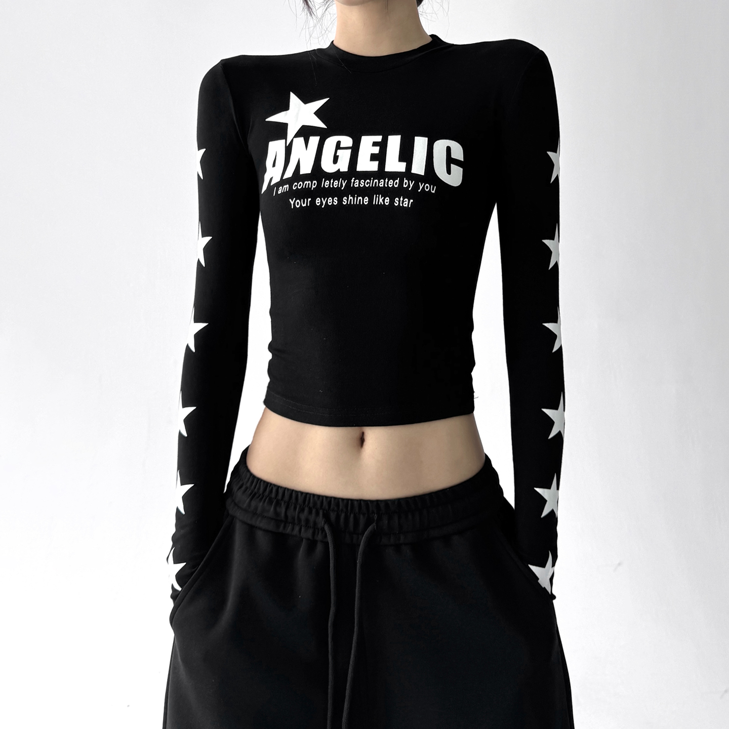 2025复古辣妹字母印花长袖T恤女秋季新款美式黑修身显瘦打底上衣