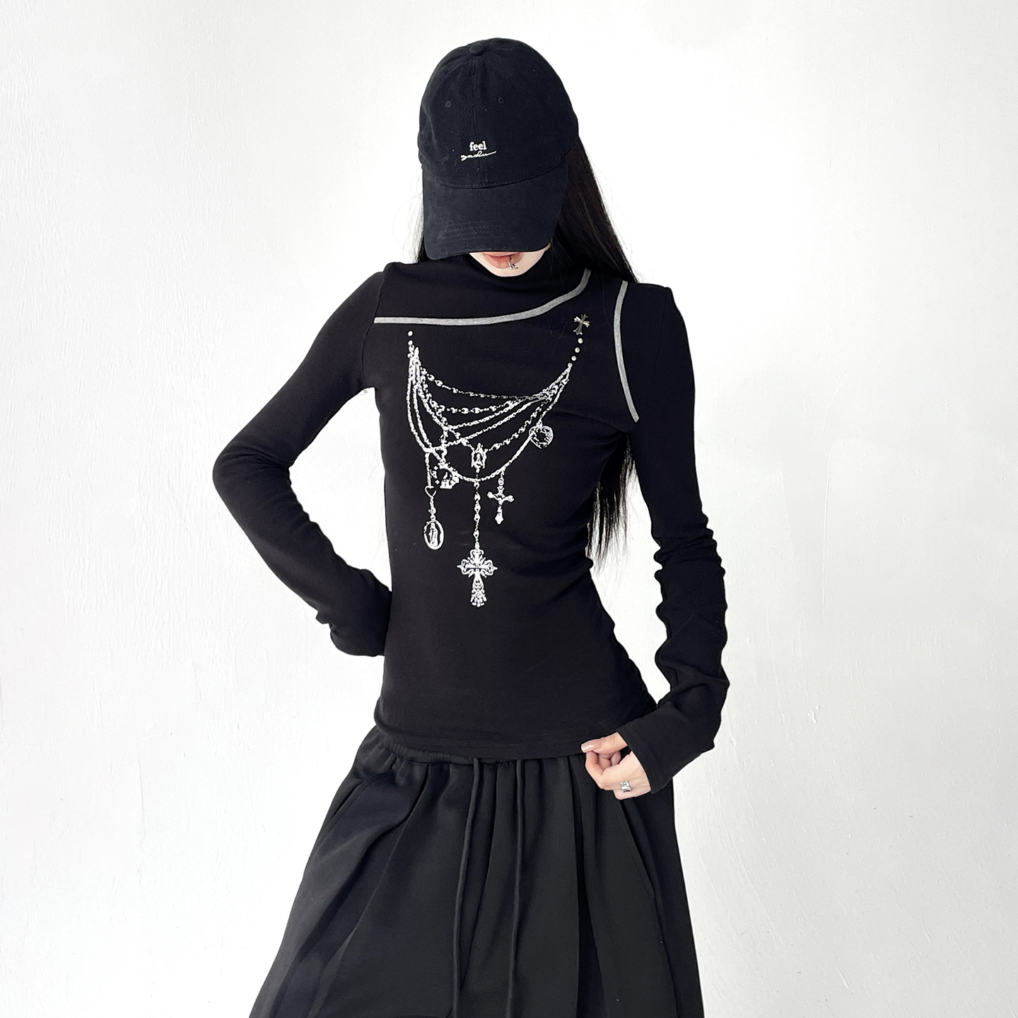 长袖t恤女2025秋冬新款高个子显瘦韩系辣妹修身黑色正肩上衣