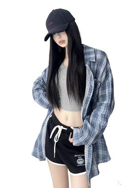 木昱子美式复古格子衬衫女慵懒风长袖防晒外套小个子蓝色衬衣