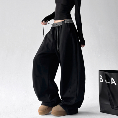 黑色加绒加厚卫裤女2025冬季新款抽绳裤脚可收口阔腿两穿休闲裤
