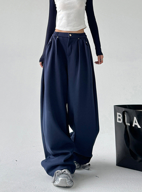 设计感蓝色束脚阔腿休闲裤女2025秋冬季新款美式高腰宽松垂感卫裤