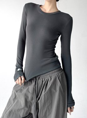 好看灰色长袖T恤女2025冬季新款韩版修身显瘦打底衫校园百搭上衣