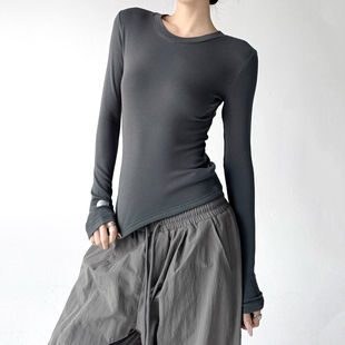 T恤女2025冬季 显瘦打底衫 新款 修身 校园百搭上衣 韩版 好看灰色长袖
