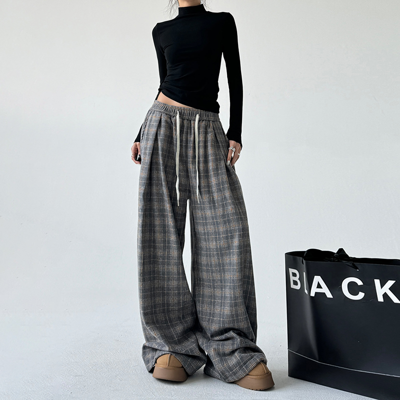 格子慵懒宽松垂感拖地裤
