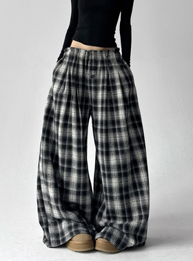慵懒风复古格子休闲裤子女2025秋冬季新款宽松显瘦女士阔腿长裤