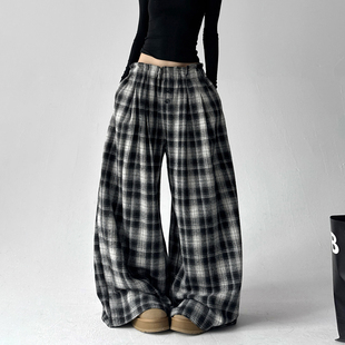 宽松显瘦女士阔腿长裤 新款 子女2025秋冬季 慵懒风复古格子休闲裤