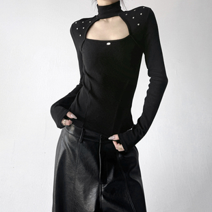 打底衫 显瘦长袖 女2025冬装 内搭秋修身 上衣 新款 黑色镂空半高领修身