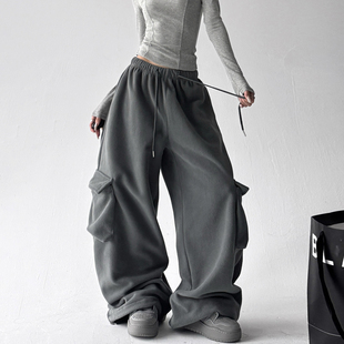 女2025冬季 高个子宽松休闲裤 新款 裤 子 大贴袋工装 双面摇粒绒阔腿裤
