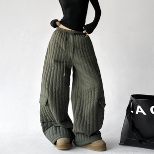 新款 口袋长裤 工装 女绗缝轻盈保暖直筒棉裤 子 夹棉休闲裤 2025冬季