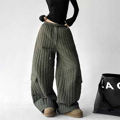 2025冬季新款工装夹棉休闲裤女绗缝轻盈保暖直筒棉裤口袋长裤子