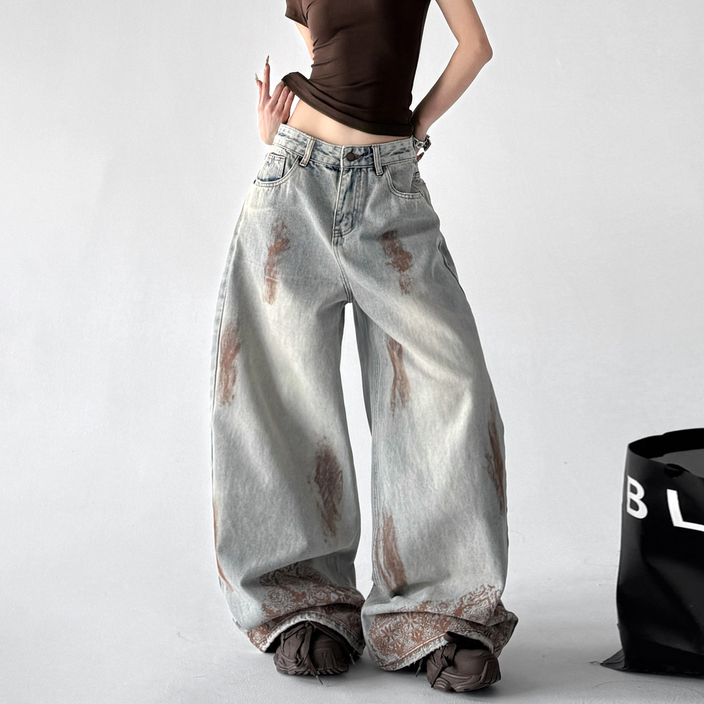 废土风脏染弯刀牛仔裤女美式复古宽松垂感阔腿拖地裤,女装/女士精品,牛仔裤,淘宝优惠券,粉丝福利购,淘宝优惠卷