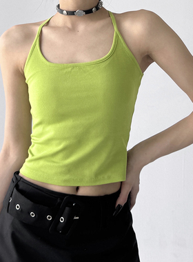 绿色带胸垫工字吊带背心女2025夏季新款设计修身美背辣妹短款上衣