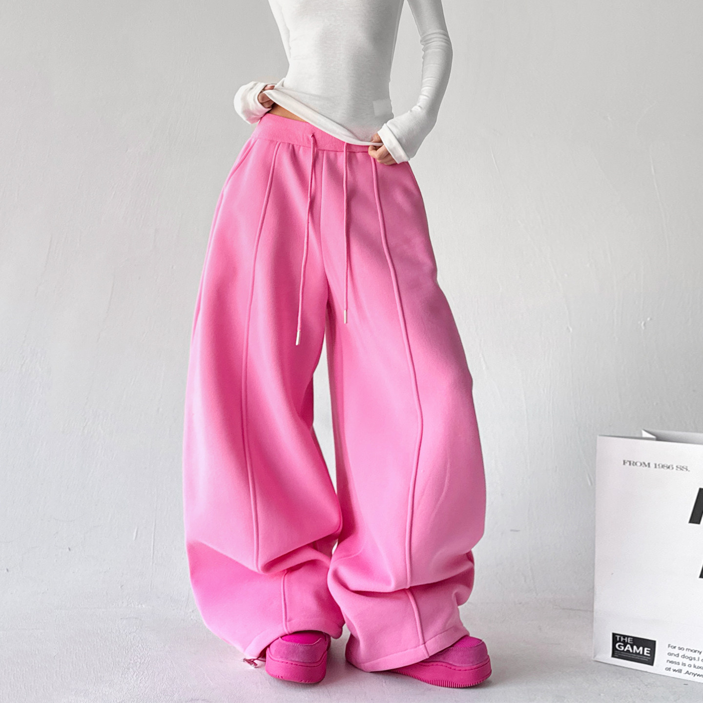 慵懒风粉色阔腿卫裤女2025冬装新款宽松高腰显瘦运动休闲裤裤子,女装/女士精品,卫裤,淘宝优惠券,粉丝福利购,淘宝优惠卷