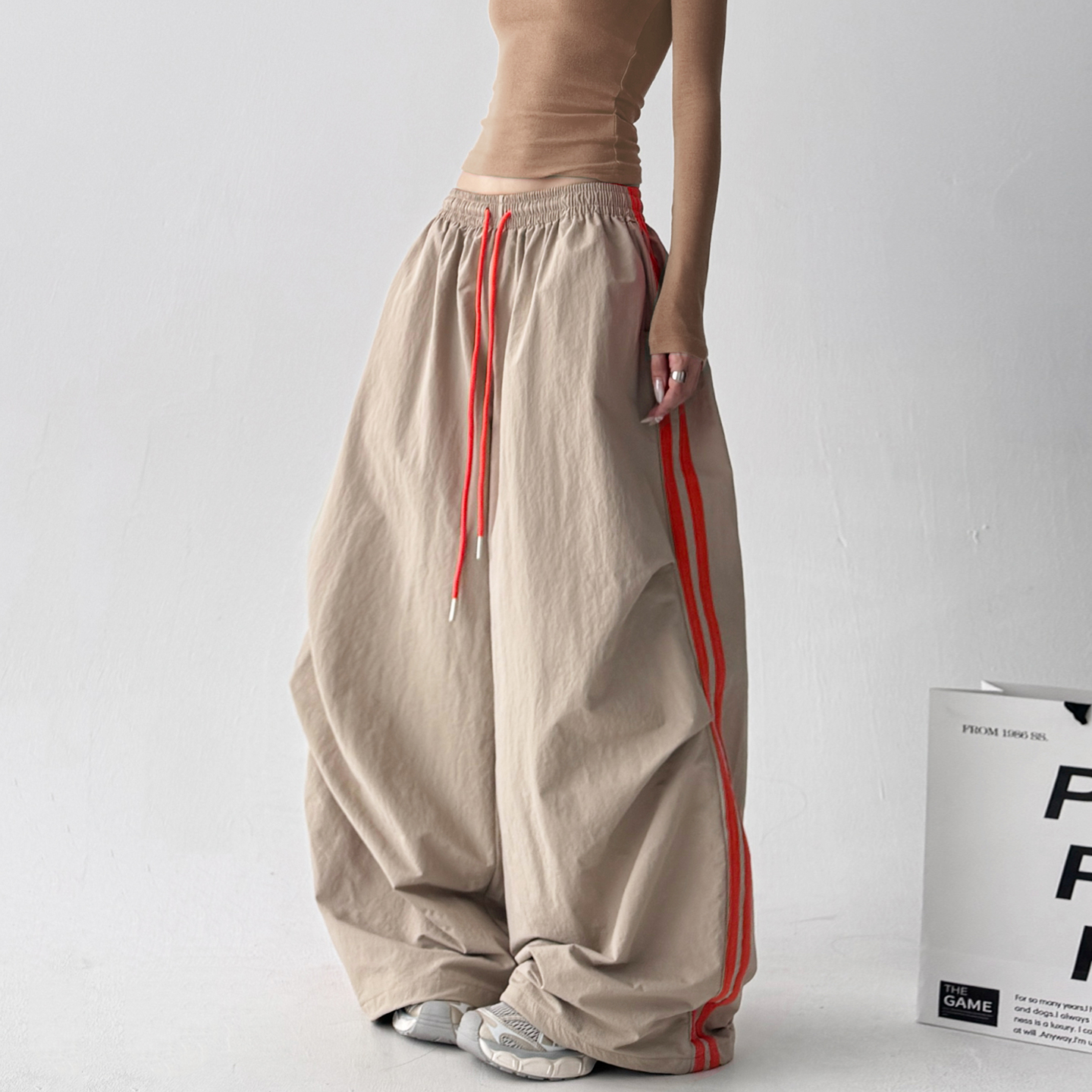 2025秋冬新款独特运动裤女撞色条纹休闲裤直筒慵懒风阔腿滑雪裤