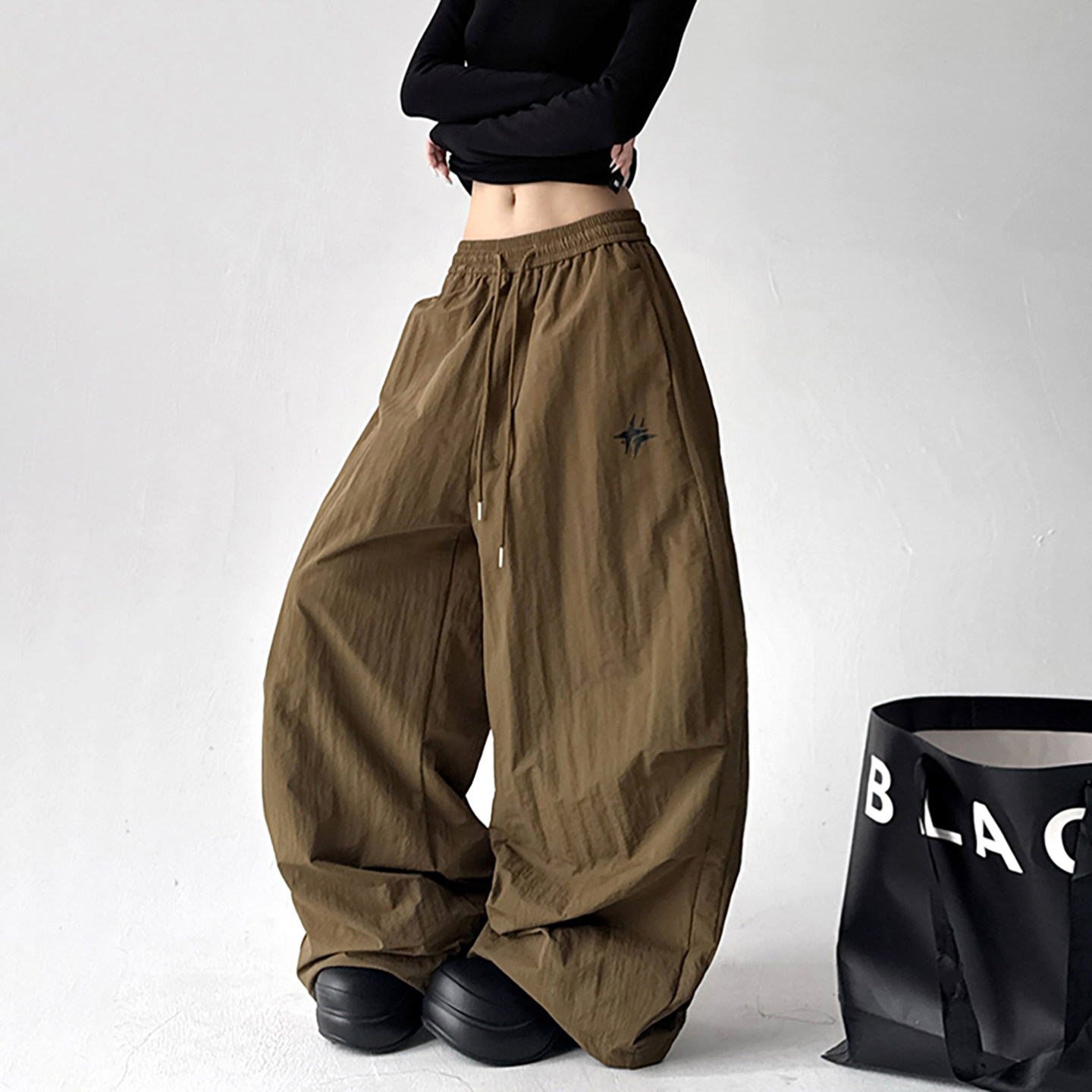 加绒裤子宽松伞兵裤女冬新款褶皱弯刀运动裤广场舞健身阔腿裤