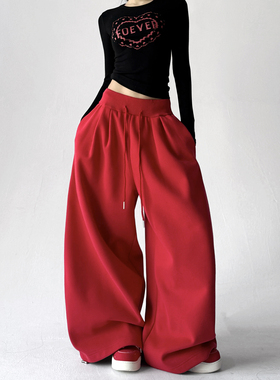 红色裤子女2025秋冬季休闲直筒运动卫裤加绒加厚束脚拖地阔腿裤子