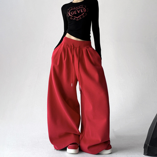 加绒加厚束脚拖地阔腿裤 休闲直筒运动卫裤 子 子女2025秋冬季 红色裤
