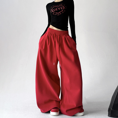 红色裤子女2025秋冬季休闲直筒运动卫裤加绒加厚束脚拖地阔腿裤子